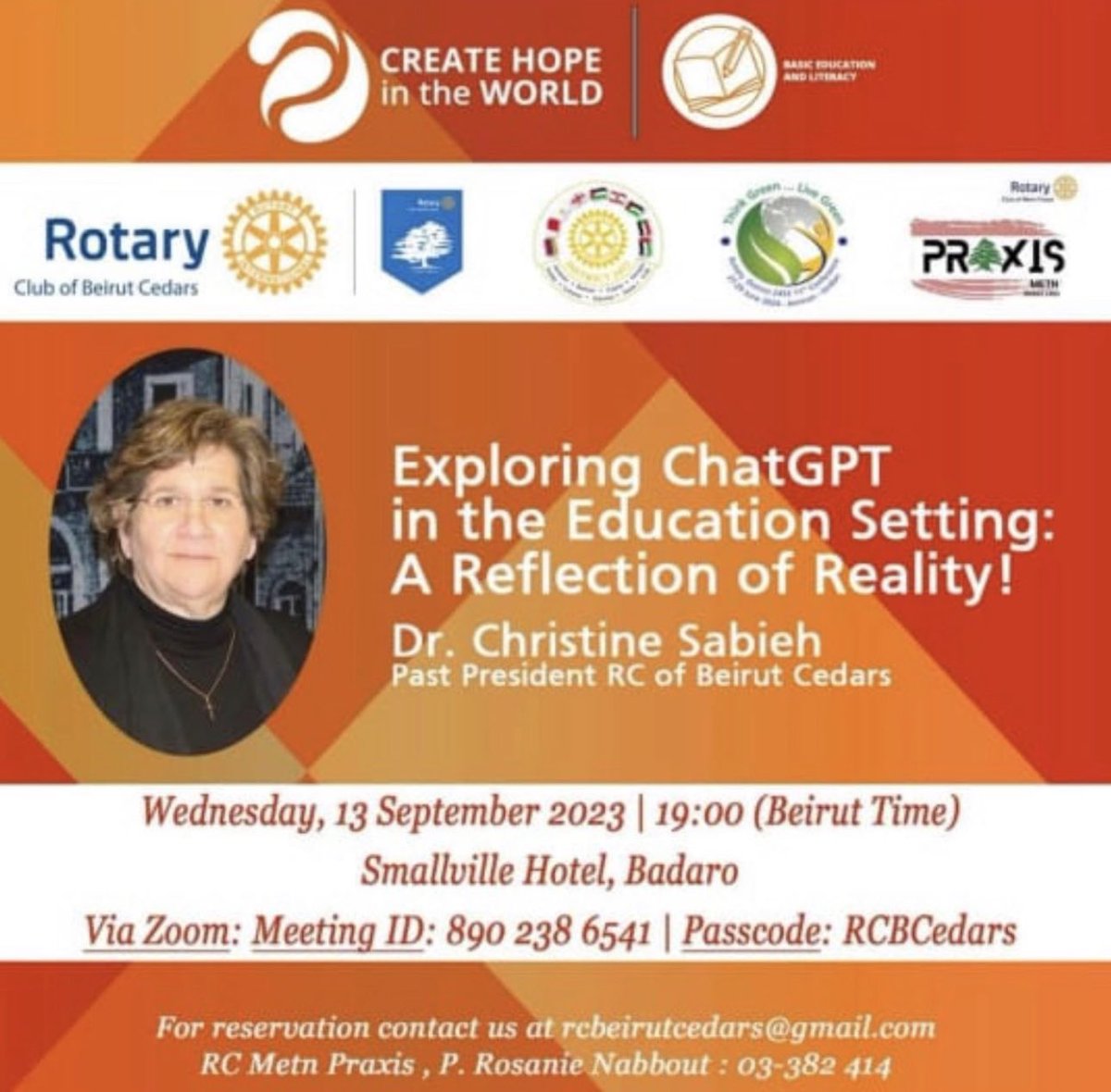 Agenda
Sept.13 <a href="/7pm/">Huong Le</a> <a href="/thesmallville_/">The Smallville Hotel</a> 
Exploring #ChatGPT in the Education Setting: A Reflection of Reality
Dr <a href="/Christinesabieh/">Dr Christine Sabieh</a> PP <a href="/RCBeirutCedars/">ʀᴏᴛᴀʀʏ ᴄʟᴜʙ ʙᴇɪʀᴜᴛ ᴄᴇᴅᴀʀs</a> 

Reservation: rcbeirutcedars@gmail.com