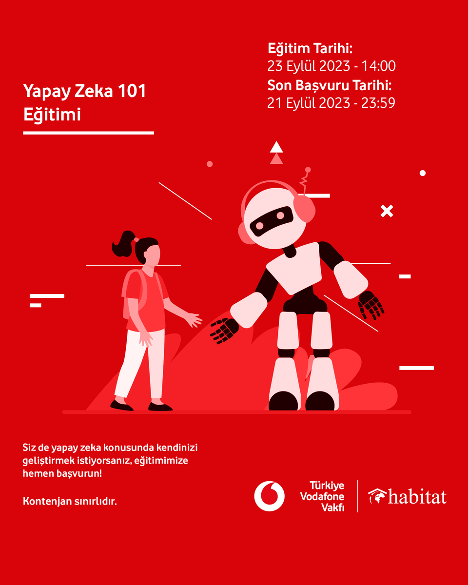 🚀Yarını Kodlayanlar Projesi kapsamında 14-17 yaşları arasındaki çocuklar için çevrim içi yapay zeka eğitimleri düzenliyoruz.  
 
Dijital dünyanın önemli alanlarından biri olan yapay zeka konusunda kendinizi geliştirmek istiyorsanız eğitimimize hemen başvurun!

📌 Detaylı bilgi