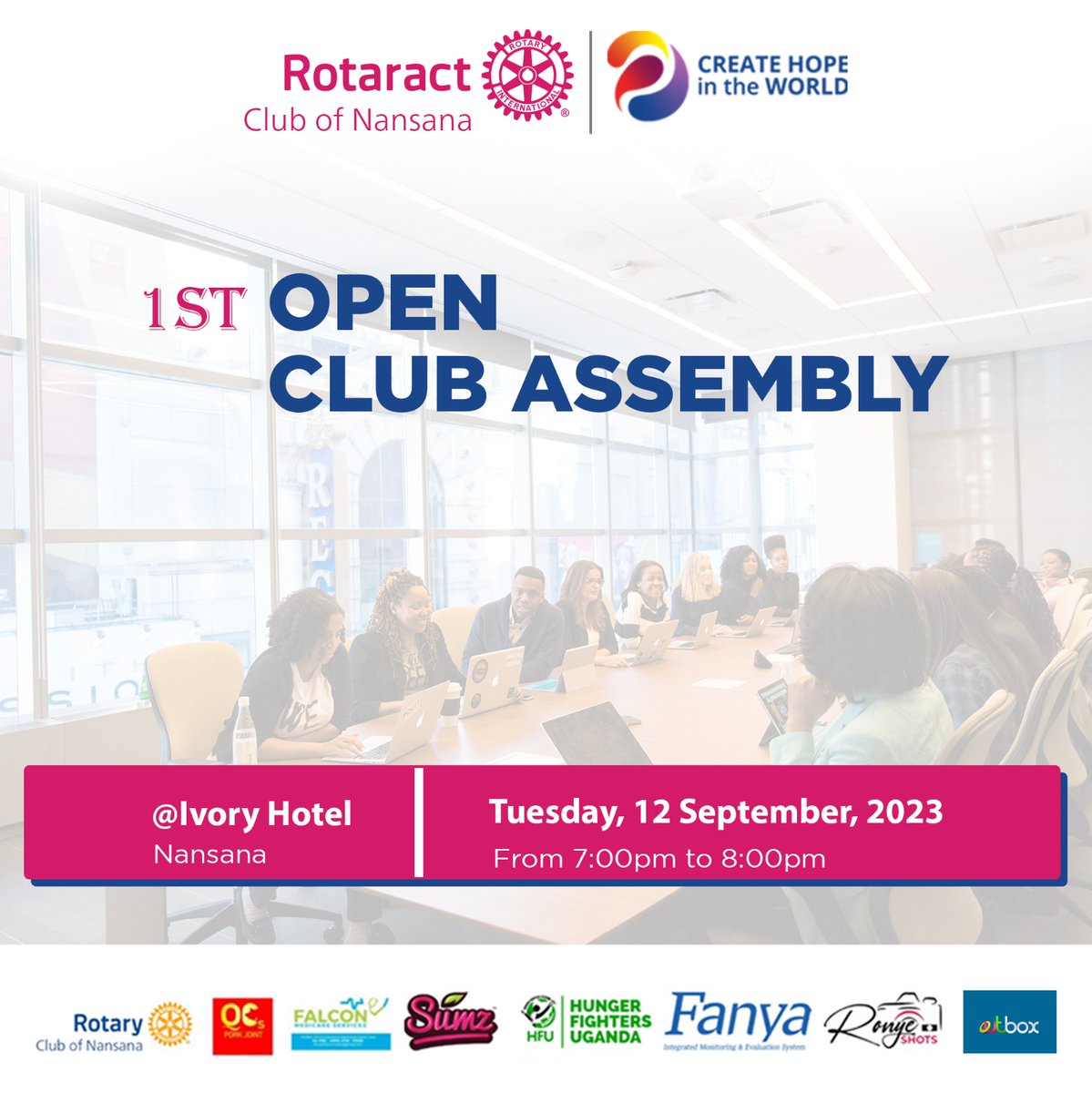 rctnansana's tweet image. FELLOWSHIP ALERT!
This Tuesday, 12th.09.2023 we'll be having our 1st Club Assembly this Hope Creating Year. Come join us at Ivory Hotel Nansana at 7pm to find out what the Titans have been to.
#HopeCreatingTitans
#CreatingHopeInTheWorld