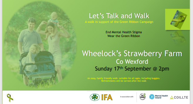 YourHWBSE's tweet photo. In support of the Green Ribbon Campaign join the IFA on a walk Sunday 17th September, in Wexford . @SouthEastCH @SeeChangeIRL @MentalHealthIrl #Coilte https://t.co/yWnqe9vwNU