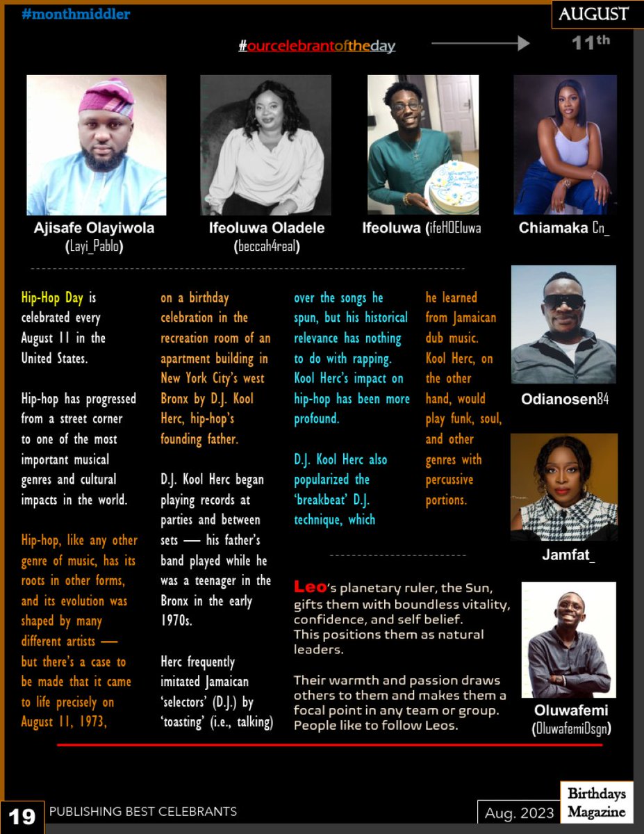 #ourcelebrantoftheday September 11.
Meet celebrants of the 11th of August
in the latest edition of the
Birthdays Magazine including @Layi_Pablo @beccah4real @ifeHOEluwa_ @ChiamakaCN_ @Odianosen84 @Jamfat_ @OluwafemiDsgn and many more...
Want a copy?
Click on our pinned tweet.