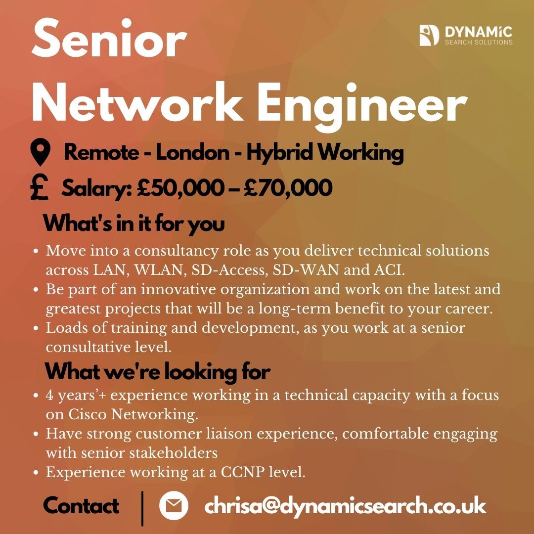 Dynamic__Search's tweet image. If you&apos;re a Senior Network Engineer in the London area looking to move into a consultancy focused role, this business wants you!

📍 London - Hybrid
💸 £50,000 - £70,000

Click the link below for more information on this role!

bit.ly/3r9bQys