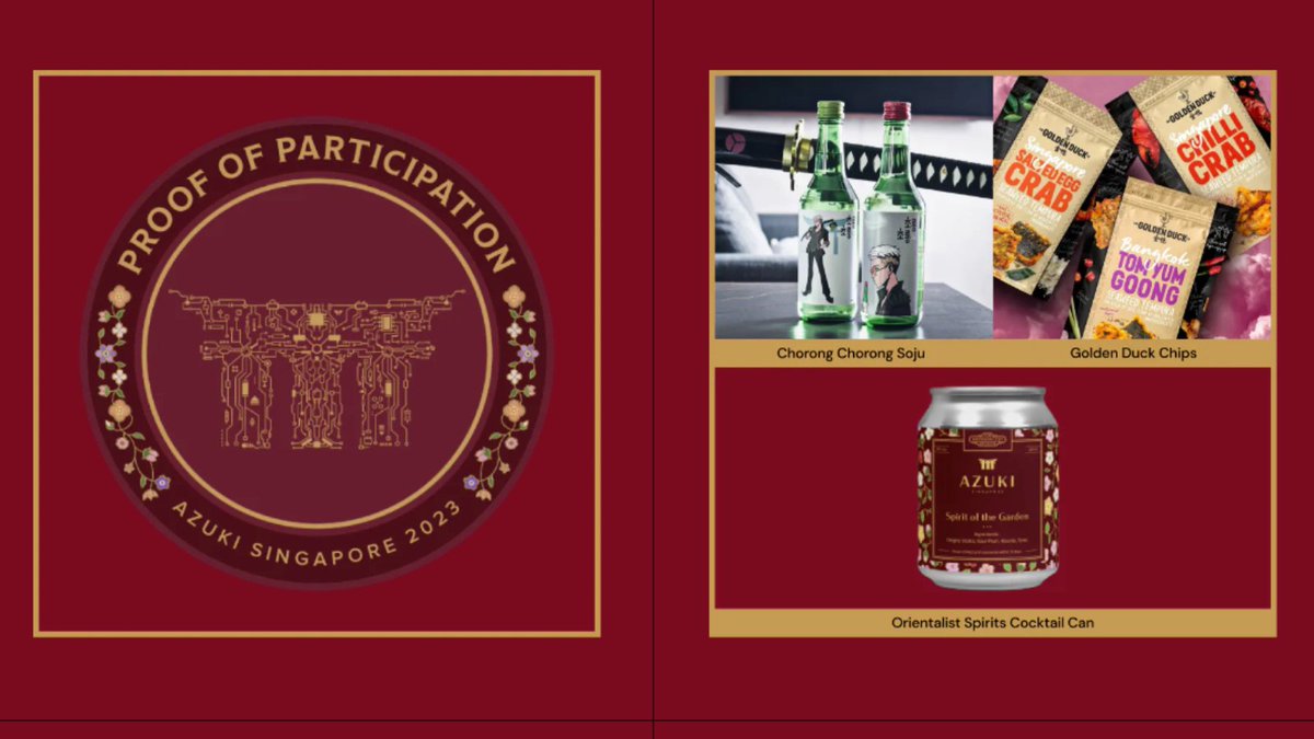 azuki_singapore's tweet photo. Once you’ve fulfilled the requirements, you’ll immediately be eligible to claim a free gift - be it a mini cocktail can from @orientalist_xyz, a bag of crunchy delights from The Golden Duck, or a bottle of @CHORONGSOJU x @brownworkglov3 soju https://t.co/CKE5sXnJ75
