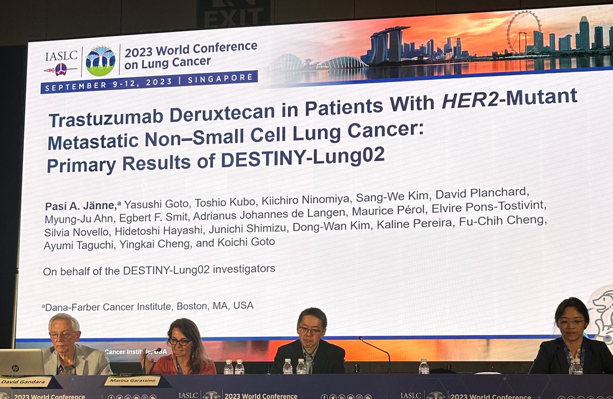 StephenVLiu's tweet photo. Dr. Pasi Janne at #WCLC23 with primary results from DESTINY-Lung02: trastuzumab deruxtecan in #HER2 mutant NSCLC. Randomized 152 pts with prior therapy to two doses of T-DXd: 5.4 vs 6.4 (2:1). https://t.co/JZOy8jZBVM