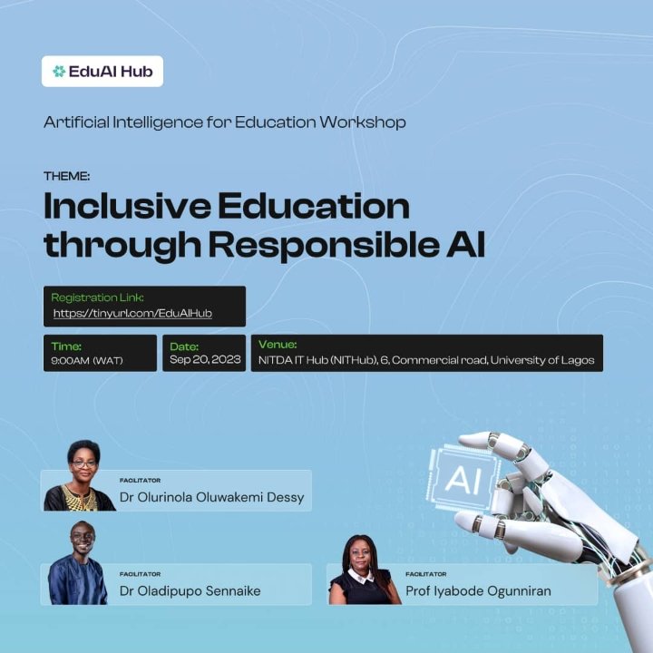 The Hub for Responsible Artificial Intelligence for Education Innovation Research Network in Africa (EduAI Hub) is pleased to invite you to an AI workshop.
Interested participants should register using this link:  tinyurl.com/EduAIHub
#ArtificialInteligence #education #Africa