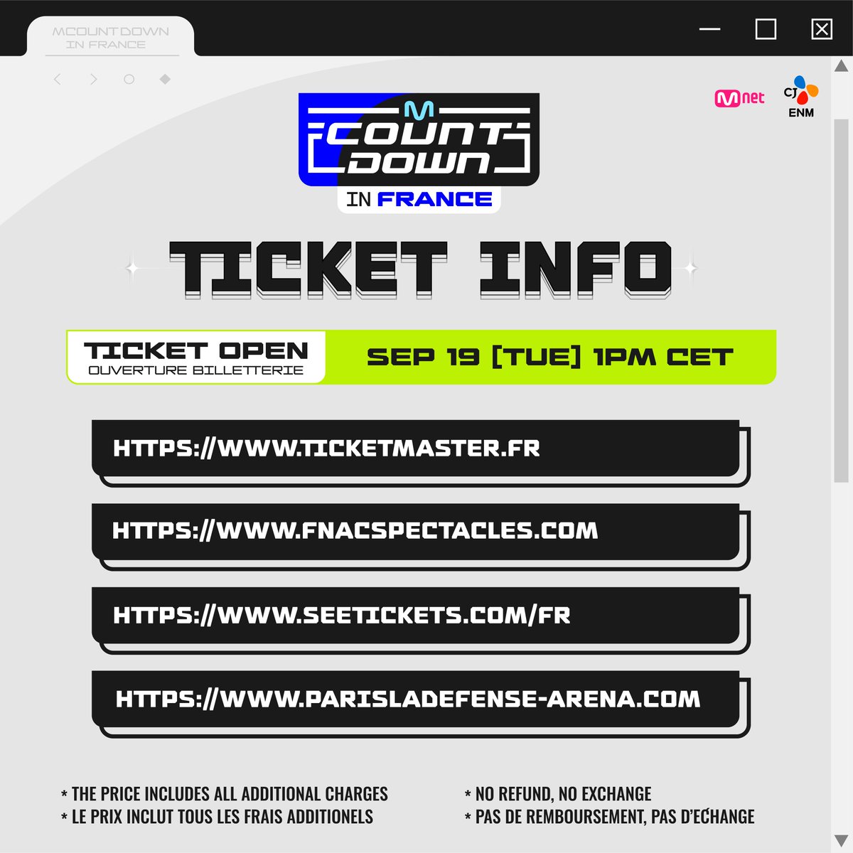 MnetKR's tweet image. [#MCOUNTDOWNINFRANCE] TICKET INFO   

Check out the Ticket Info &amp;amp; Seating map now❗️  

Vérifiez dès maintenant les informations pour les tickets &amp;amp; le plan des places❗️ 

📍OCT 15, Paris La Défense Arena

#MCOUNTDOWN #엠카운트다운 #MCDINFRANCE
