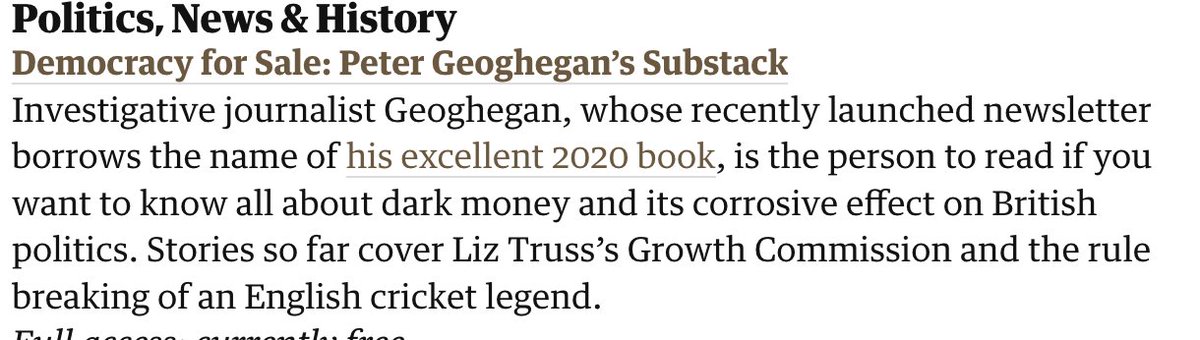 OK, so I may be biased, but I wholeheartedly agree with @guardian today. @PeterKGeoghegan's excellent new Democracy for Sale substack isn't to be missed. (Had some sneak previews of what's coming up next, too...) Sign up here 👇democracyforsale.substack.com