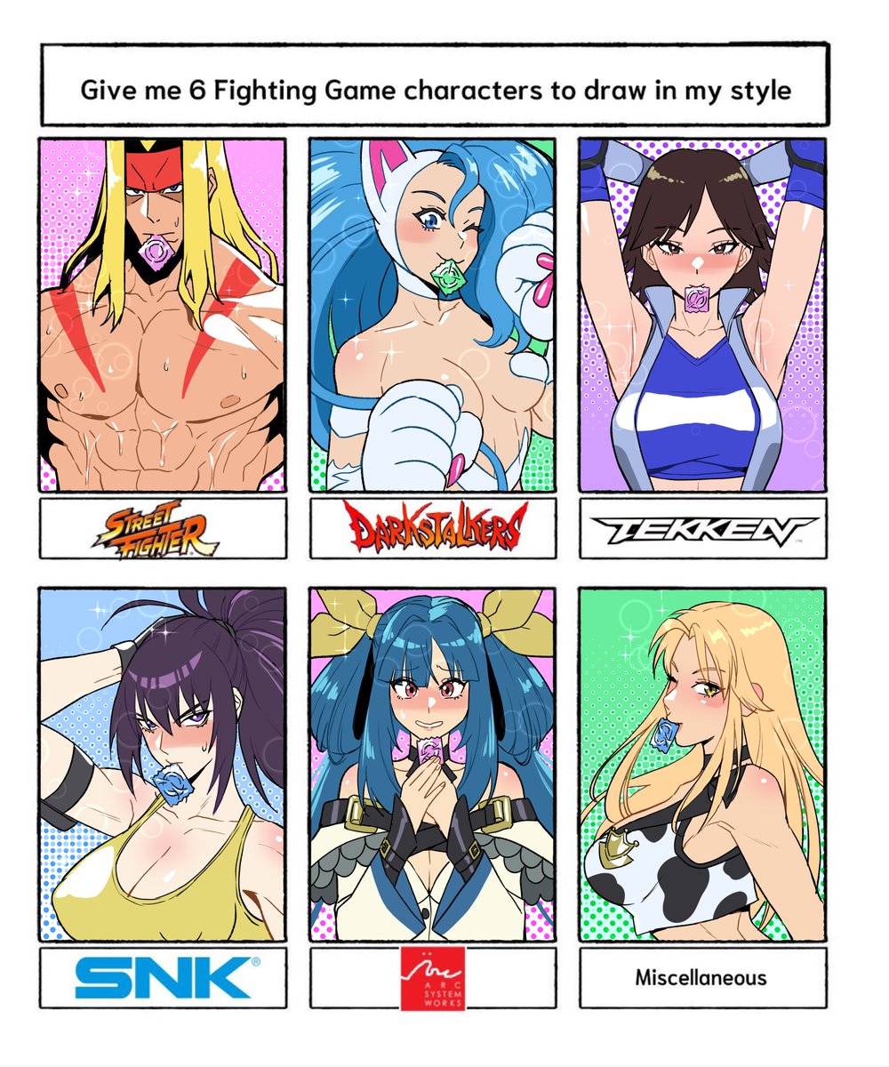 Here is the finished challenge. Decided to do something different. Sorry for not take it seriously!🥹

#fightinggames #videogames #fanart #SF6 #Darkstalkers #Tekken #SNK #GuiltyGearStrive #Rumbleroses #Felicia #KazamaAzuka #Leona #Dixie