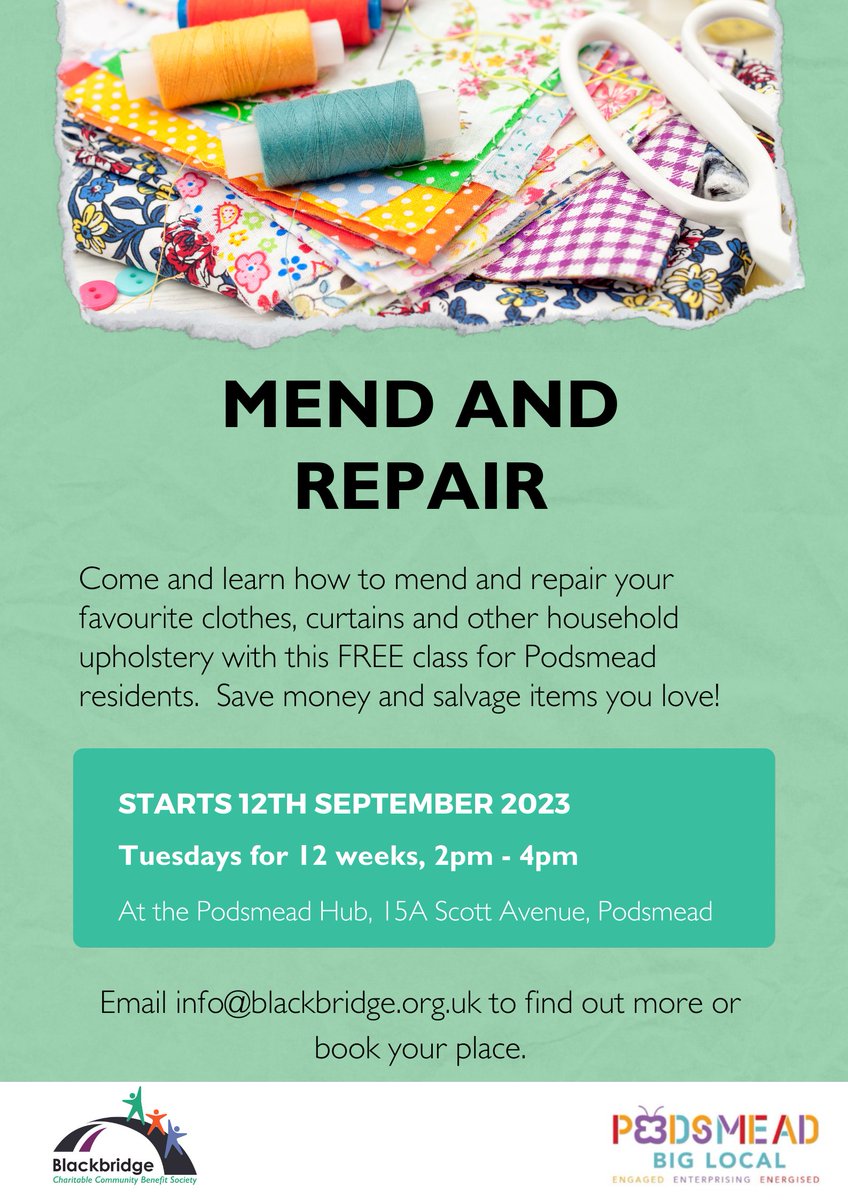 Starting tomorrow we're running a free 'Mend and Repair' group for local residents at the #Podsmead Hub, 2-4pm, running for the next 12 weeks. Learn how to salvage those items you love, rather than always having to buy new🧵