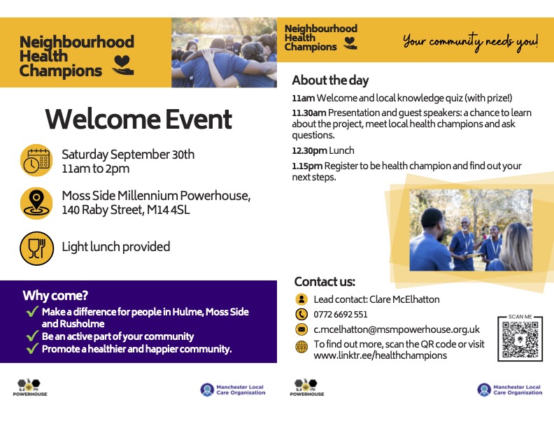 Are you passionate about improving the lives of people who live in #Hulme #MossSide #Rusholme? Neighbourhood Health Champion, that's you!💪💓 Join us changing things here Get in touch with questions Come to the welcome event Info: linktr.ee/healthchampions Clare on 07726 692551