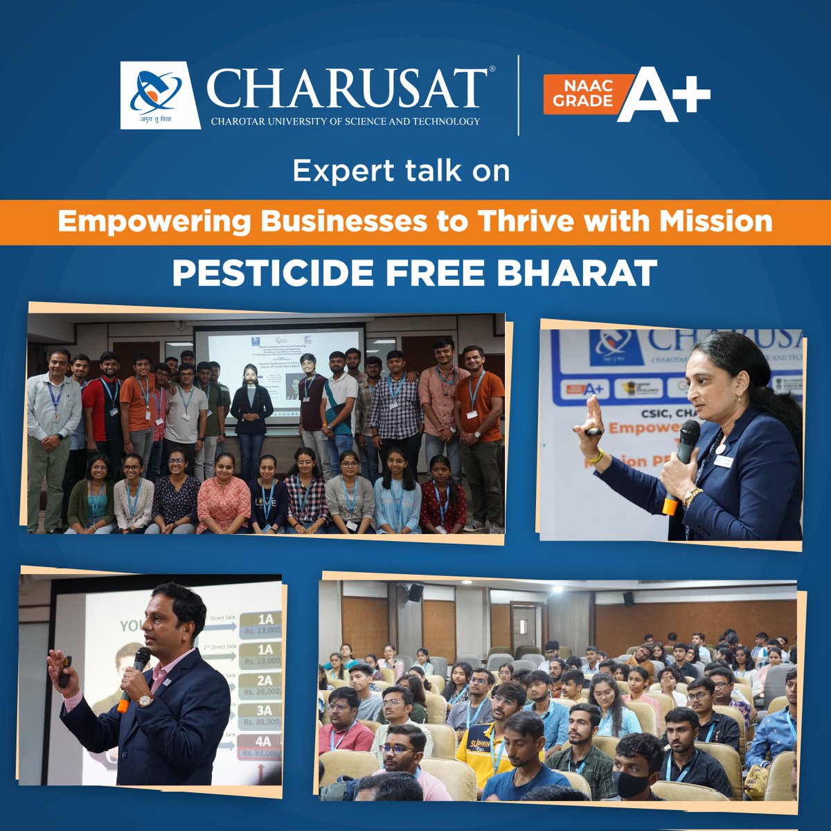 An electrifying fusion of entrepreneurship and eco-consciousness, CHARUSAT conducted an an Expert Talk on transforming businesses with a mission: PESTICIDE FREE BHARAT, taking the entrepreneurial world by storm.

#entreprenuer #startup #charusat
