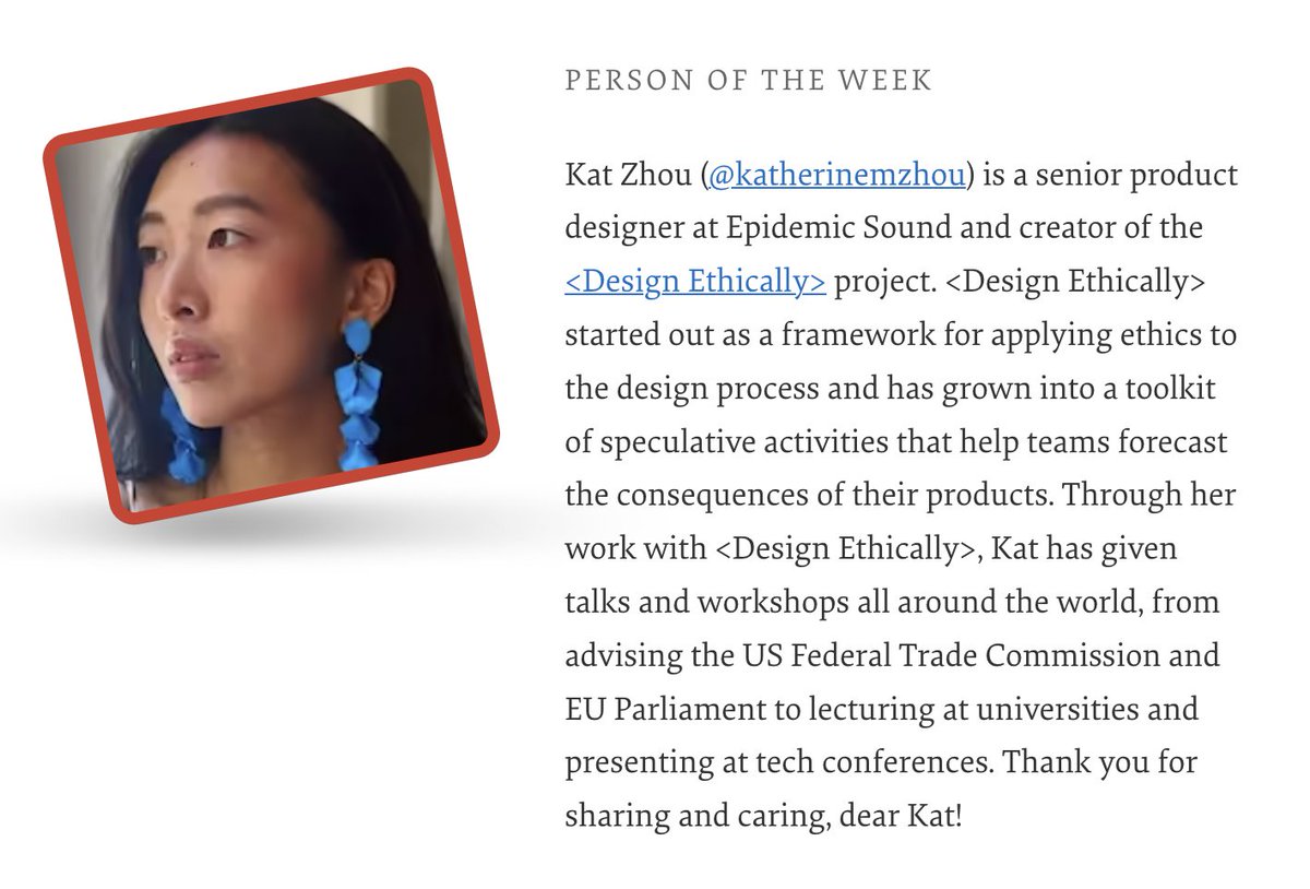 Our Person of the Week is a senior product designer and international speaker passionate about design and tech ethics. Please give a warm round of applause for... Kat Zhou!

Thank you for everything you do for the community, dear @katherinemzhou!

#smashingcommunity