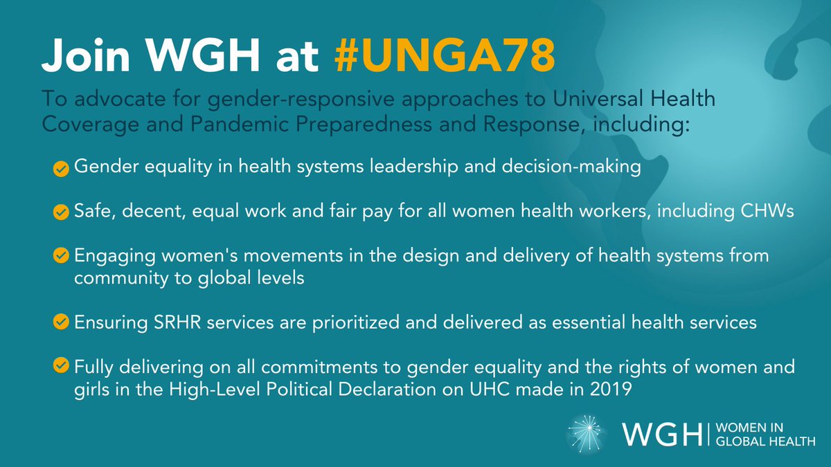 womeninGH's tweet photo. 📢 #UNGA78 is rapidly approaching, join us to advocate for gender-responsive approaches to #UHC and #PPRR, including:
🚺 Gender-equal leadership
💰Safe, decent & fair paid work for 👩⚕️
🤝 Engaging ♀️'s movements
🩺 Prioritizing #SRHR services
🤝 Fulfilling gender equality commitments!