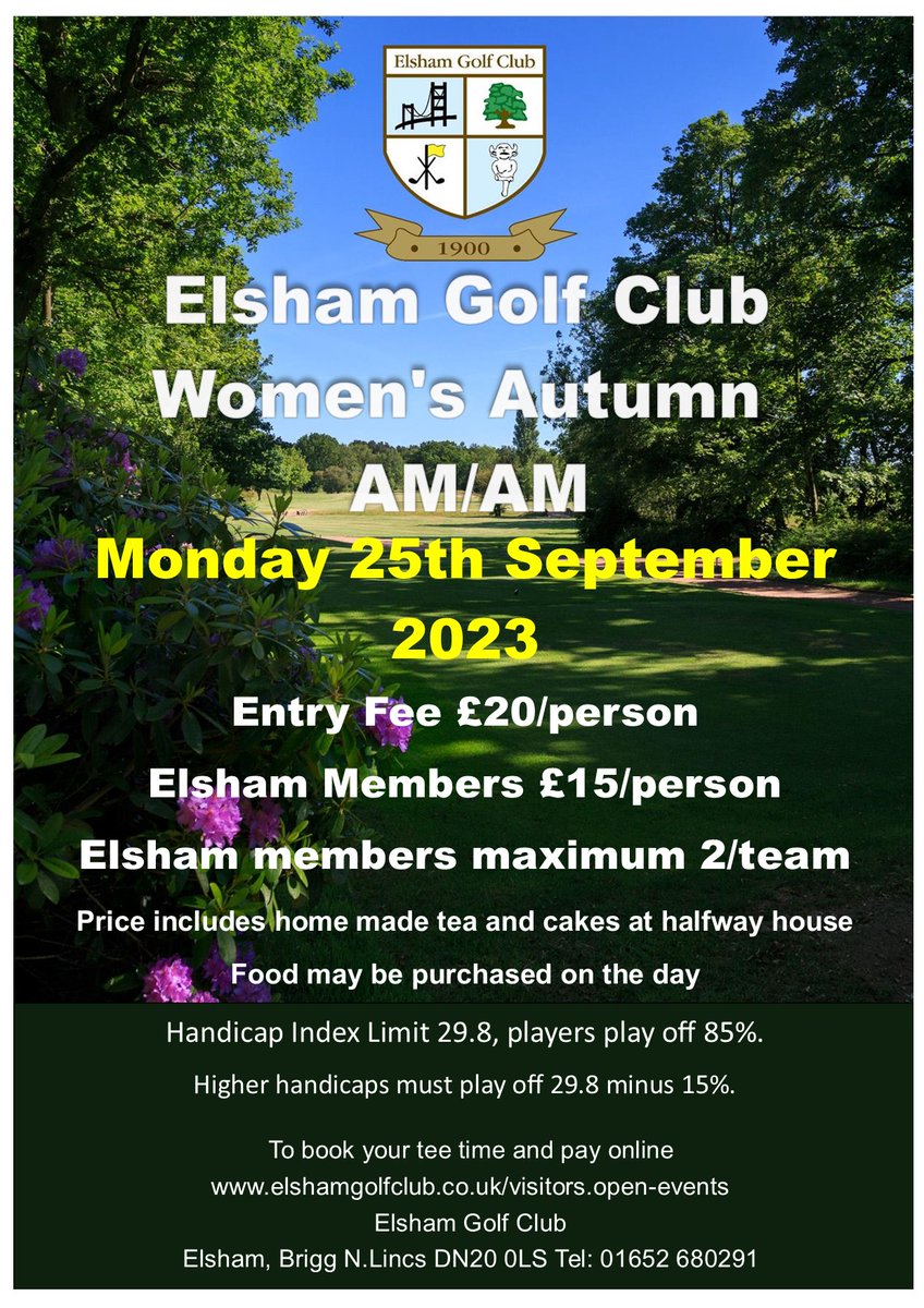 There are still a few places left for <a href="/ElshamGolfClub/">Elsham Golf Club</a> Women's Autumn AM/AM on Monday 25th September. Course is in great condition so looking forward to another great turn out #GolfingLife #Lincolnshire
