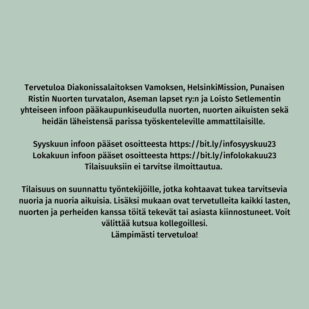 Tervetuloa syksyn järjestöinfoihin kuulemaan, mitä toimintaa nämä järjestöt tarjoavat pk-seudulla ja Uudenmaan alueella. Syyskuun info 15.9: bit.ly/infosyyskuu23 , lokakuun info 31.10: bit.ly/infolokakuu23 Mukaan ei tarvitse ilmoittautua erikseen🤗