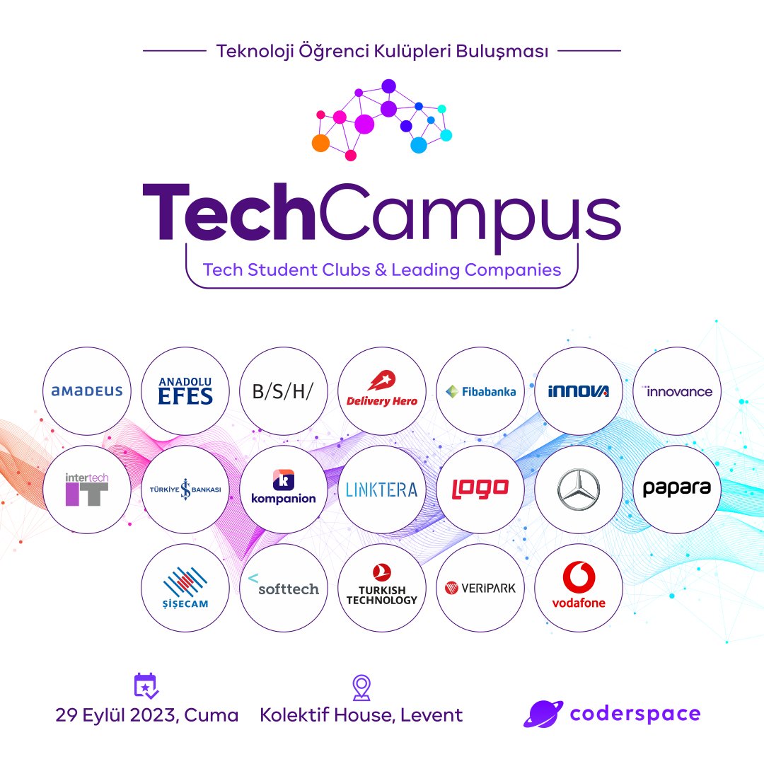 coderspace_io's tweet image. Türkiye’nin 50 farklı üniversitesinden 75&apos;ten fazla teknoloji öğrenci kulübümüzü ve iş ortaklarımızı bir araya getireceğimiz TechCampus&apos;e çok az kaldı! 💜✌️

👋 29 Eylül’de, Kolektif House’da buluşmak üzere.

#Coderspace #TechCampus #TechCampus2023