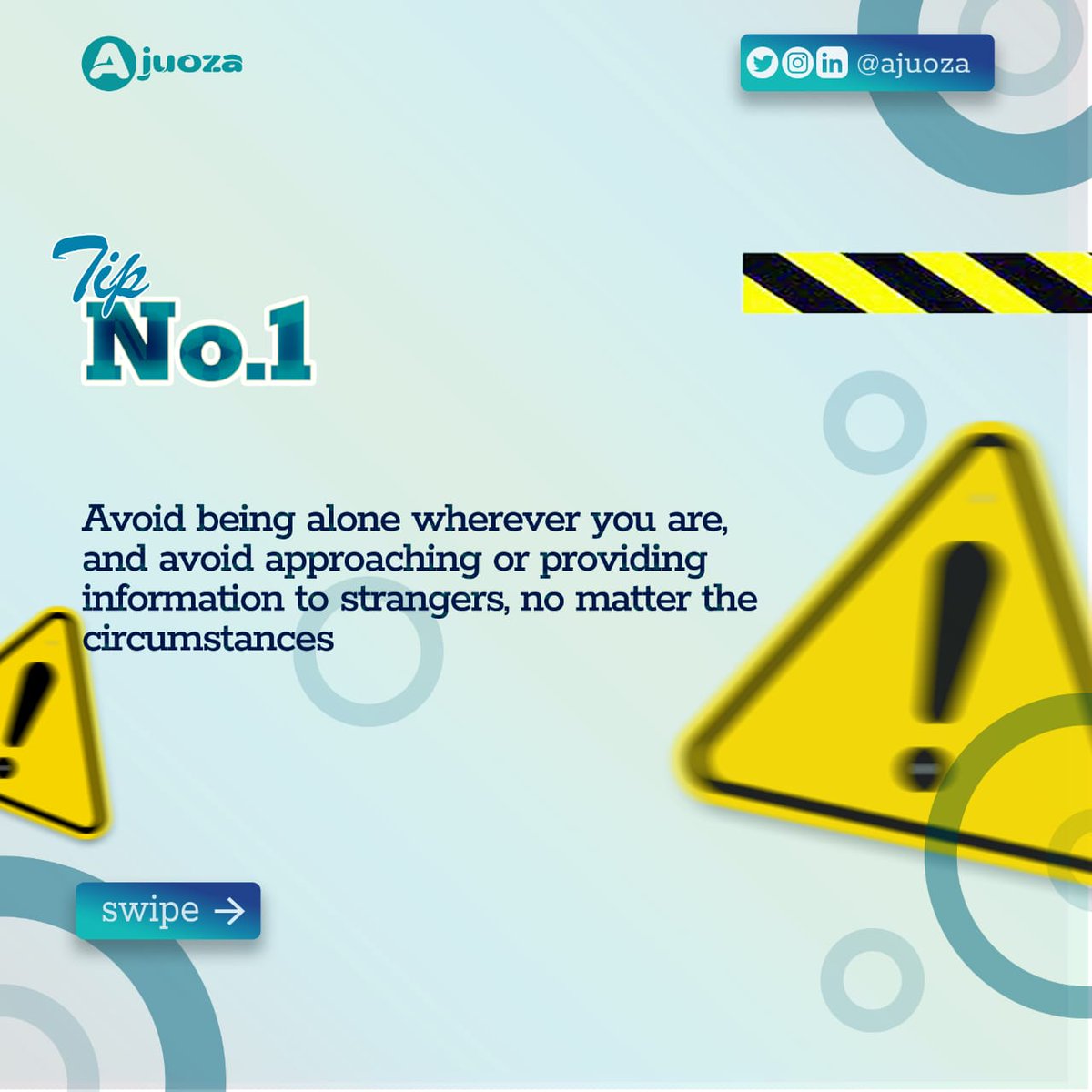 Ajuoza4's tweet photo. Let's embrace the new week with caution ⚠ 

We made a list for you, full of great tips and best practices you need to keep everyone and everything secured.

Meanwhile,  we offer you #Ajuoza the solution you need if any measures fail.

Like, share and retweet for more people😉 https://t.co/NEur5ufUXR