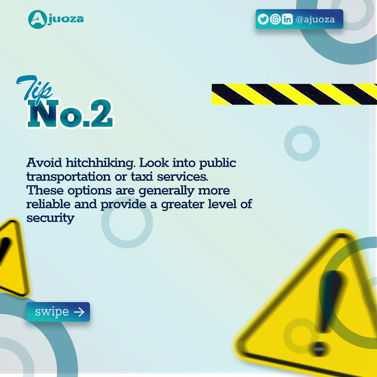 Ajuoza4's tweet photo. Let's embrace the new week with caution ⚠ 

We made a list for you, full of great tips and best practices you need to keep everyone and everything secured.

Meanwhile,  we offer you #Ajuoza the solution you need if any measures fail.

Like, share and retweet for more people😉 https://t.co/NEur5ufUXR