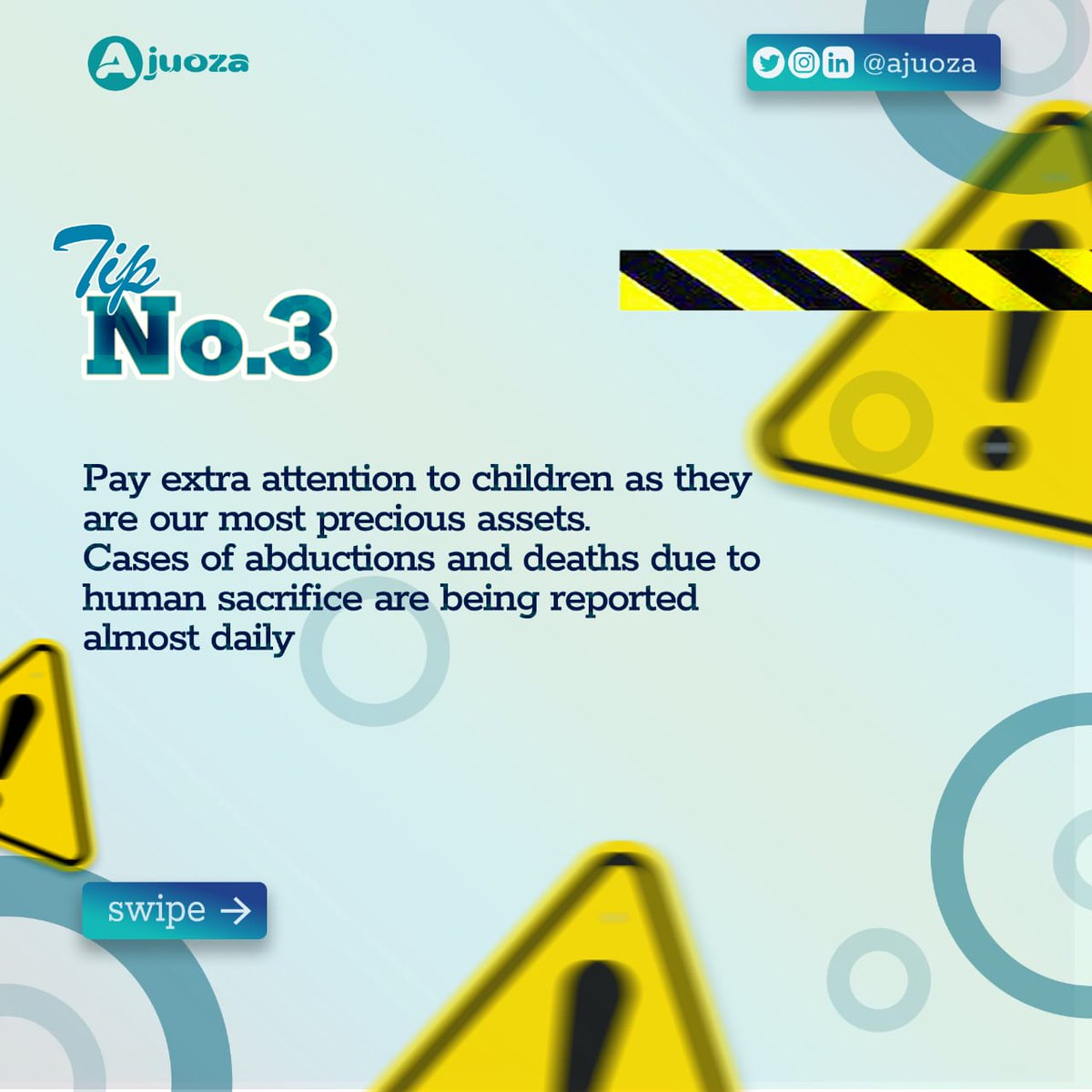 Ajuoza4's tweet photo. Let's embrace the new week with caution ⚠ 

We made a list for you, full of great tips and best practices you need to keep everyone and everything secured.

Meanwhile,  we offer you #Ajuoza the solution you need if any measures fail.

Like, share and retweet for more people😉 https://t.co/NEur5ufUXR