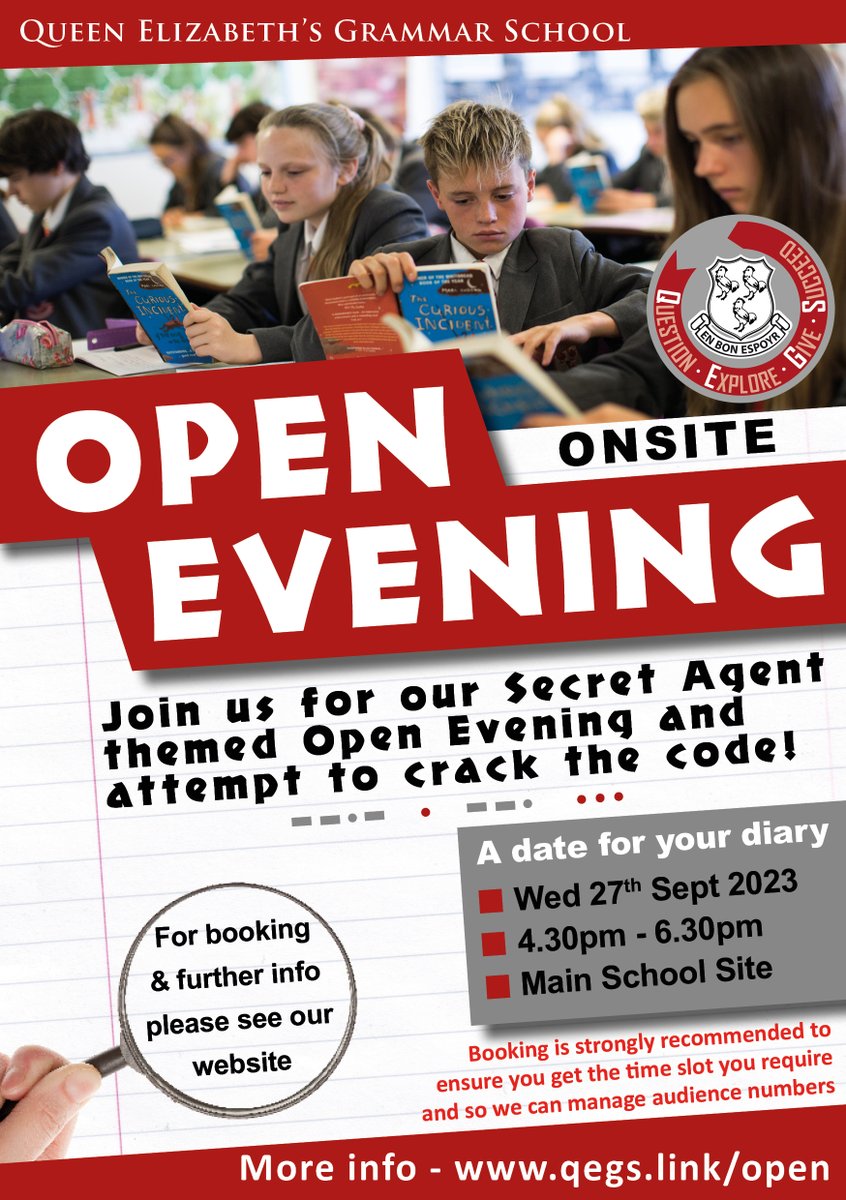 QEGS_Ashbourne's tweet photo. Join us for a friendly and informal Secret Agent themed open evening at which we welcome parents and prospective students to learn more about us, what we do and attempt to crack the code!

📅 Wed 27th Sept
⏲️4.30pm - 6.30pm
📌Main School Site
🔗https://t.co/rddrlIAgBV https://t.co/MrRRWUOMzD