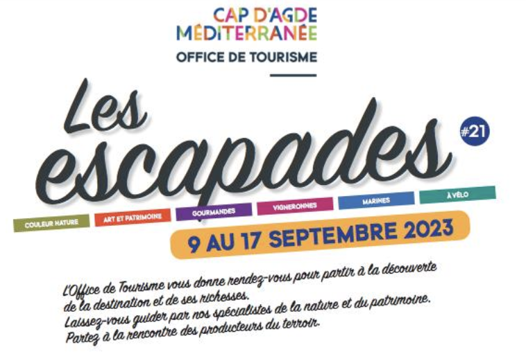 CapAgdeTourisme's tweet photo. 📷 L'Office de Tourisme Cap d'Agde Méditerranée vous propose le programme des Escapades du 9 au 17 septembre 2023.
Ici : https://t.co/dTDPPwjIhU
📷 Retrouvez toutes nos escapades et réservez dès maintenant ici : https://t.co/mmTYszQXJO https://t.co/3G37PJqLOt