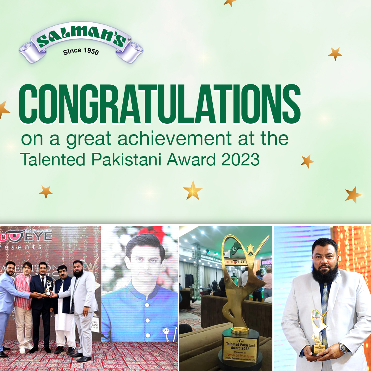 Congratulations to Ahmed Salman Butt, on a great achievement at the Talented Pakistan Award 2023. It was an honor to receive this award for the success and the hard work that we have put into this brand.

#Salmans #Since1950 #Award #Achievement #TalentedPakistanAward #Hardwork