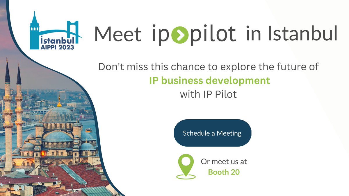 ip_pilot's tweet image. 🌍 We're thrilled to be participating at the upcoming #AIPPI2023 World Congress in Istanbul! Join us for a journey into the realm of Intellectual Property business development. 🚀 
📩 Schedule a meeting with us today: hubs.li/Q021zw980
📍 Location: Booth 20