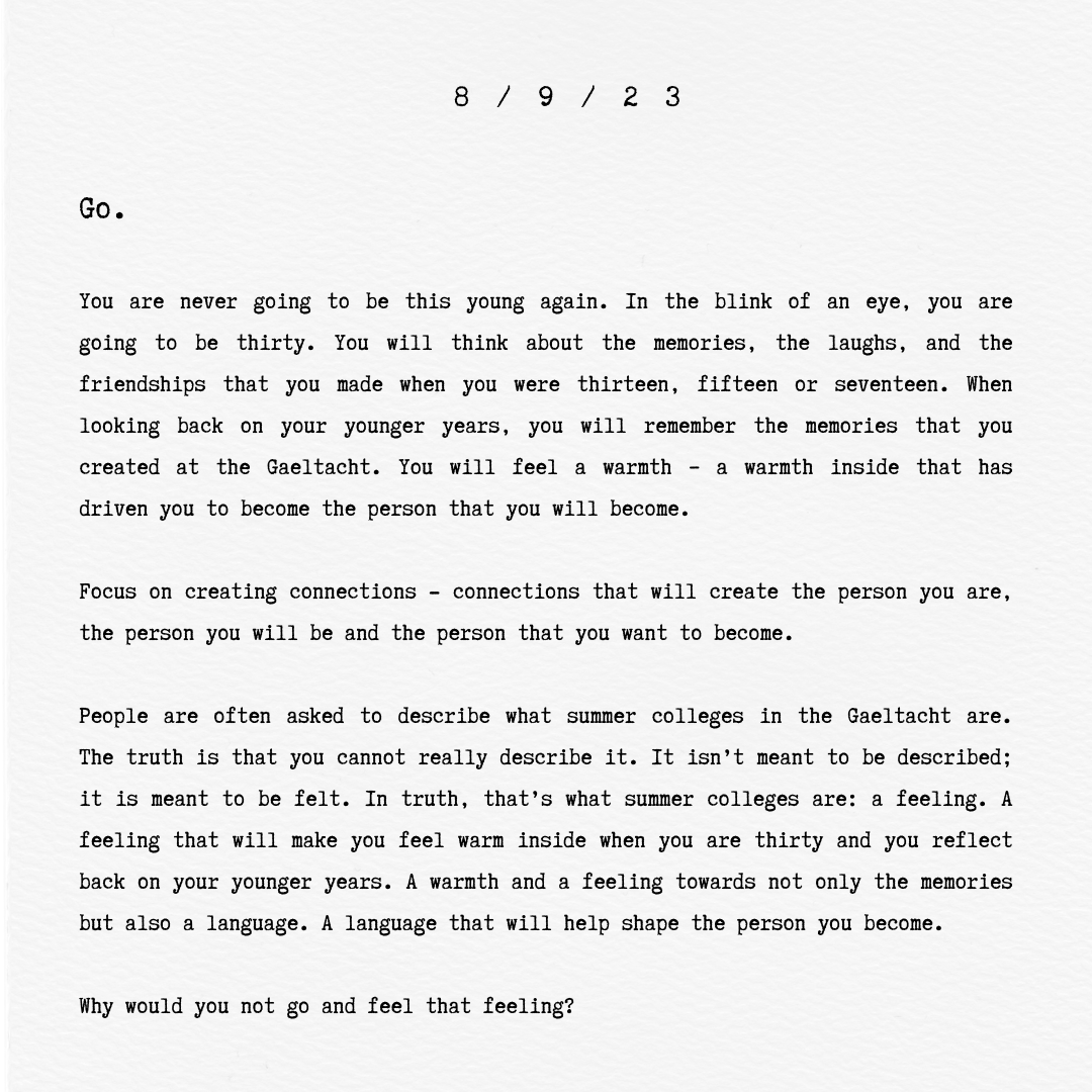 GaelLinn's tweet photo. 𝘾𝙖𝙞𝙩𝙝𝙛𝙞𝙙𝙝 𝙩𝙪́ 𝙚́ 𝙨𝙚𝙤 𝙖 𝙡𝙚́𝙖𝙢𝙝…🥹
You have to read this…🥹
'𝑪𝒆́𝒏 𝒇𝒂́𝒕𝒉 𝒂𝒓 𝒄𝒉𝒐́𝒊𝒓 𝒅𝒖𝒊𝒕 𝒅𝒖𝒍 𝒄𝒉𝒖𝒏 𝒏𝒂 𝑮𝒂𝒆𝒍𝒕𝒂𝒄𝒉𝒕𝒂?'
'Why should you attend a Gaeltacht course?'
Póstaeir ➡️ https://t.co/azftOnSNQX
🙏@ForasnaGaeilge #GaeltachtGL https://t.co/vfzilKAIlv