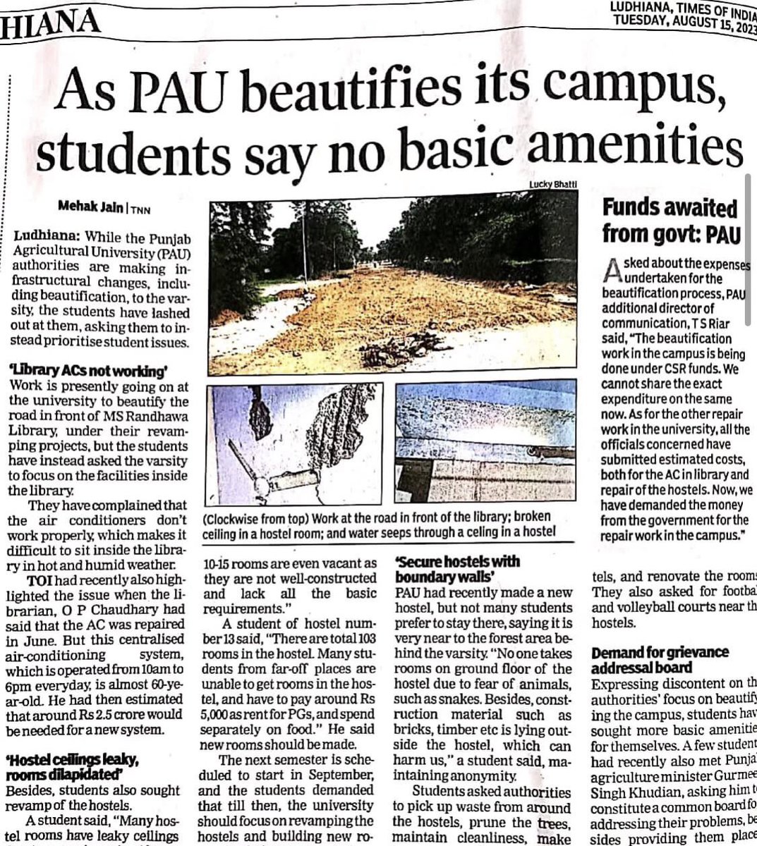 PAUSA2023's tweet photo. Are @icarindia @ugc_india @BhagwantMann @harjotbains @gurmeetkhuddian only concerned about developing outward beauty of campus, when the hostels and infrastructure are actually breaking down? There are no proper facilities in many labs.

#FundsForPAU https://t.co/9JUiX4zSHk