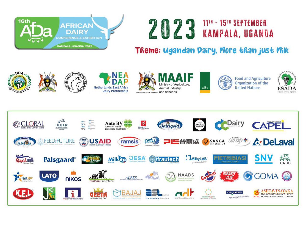 The African Dairy Conference and Exhibition is the largest African dairy event organised by the Eastern and Southern African Dairy association. The 16th African Dairy Conference and Exhibition has started today at Hotel Africana, Kampala & will end on 15th Sept, 2023 #AFDA2023