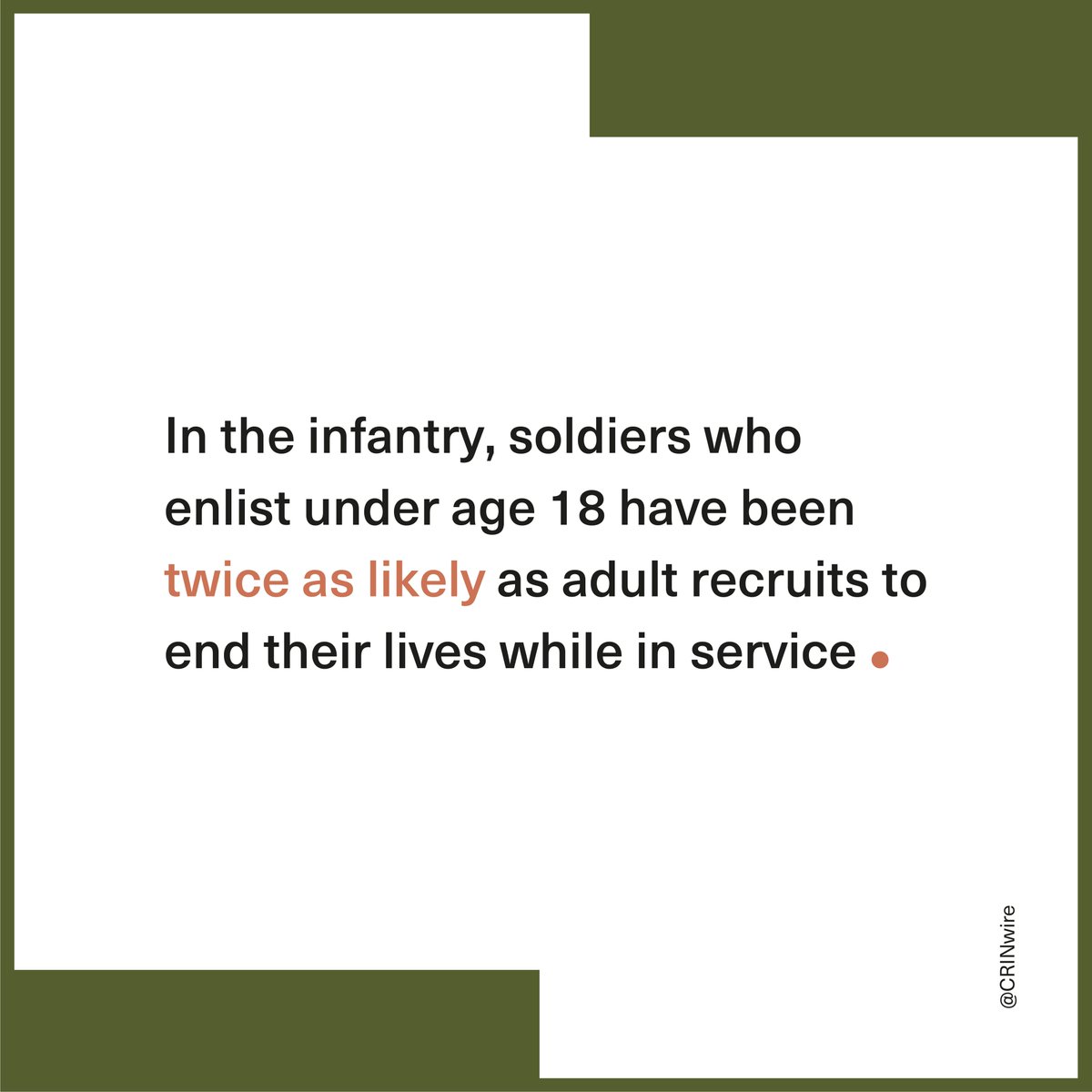 CRINwire's tweet photo. [TW: Suicide]

A quarter of new recruits to the British army are aged 16 or 17, with many recruited for the infantry, the army’s close-combat arm.

The use of sustained stress and abuse is common, leaving recruits more vulnerable to suicide.

#MakeIt18
https://t.co/s7Lp6YqSo2 https://t.co/uu7ZQqlZaI