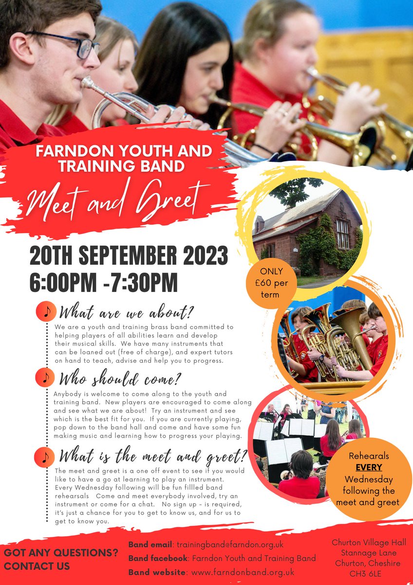 Date for Your Diary: 20th September 2023.
FARNDON YOUTH &amp; TRAINING BAND
RE-LAUNCH MEET &amp; GREET
6.00PM-7.30PM 
CHURTON VILLAGE HALL
STANNAGE LANE 
CHURTON.