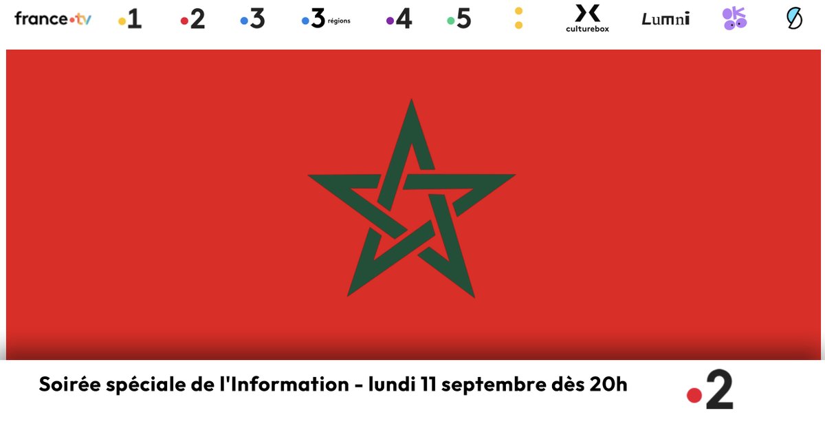 Soirée spéciale de l'information à la suite du séisme qui a frappé le Maroc - lundi 11 septembre dès 20h sur France 2
❤️❤️❤️
francetvpro.fr/contenu-de-pre…