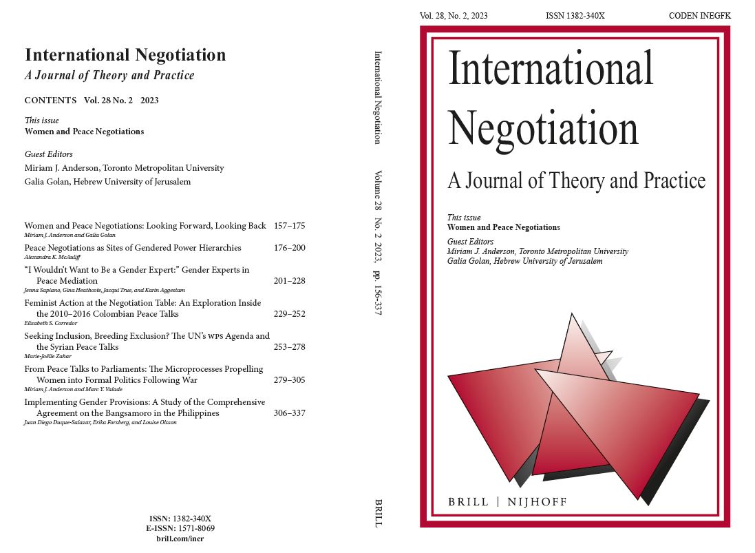 IntlRela's tweet image. ** New Issue **

Two #OpenAccess articles in the latest issue of International Negotiation (Volume 28, No. 2), one of which is “I Wouldn’t Want to Be a Gender Expert:” Gender Experts in Peace Mediation by Jenna Sapiano et al.: brill.ws/3ResKGw