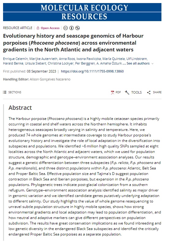 Very happy to be a contributor and see our study on harbour porpoise seascape genomics published. The results offer definitive evidence for a separate Baltic Sea Proper Population. Research evidence for much needed conservation & management. doi.org/10.1111/1755-0…