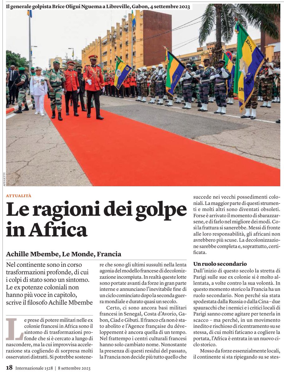 francofontana43's tweet photo. Le ragioni dei golpe in Africa.
Le ex potenze coloniali, sempre più invise agli africani,  non hanno più voce in capitolo e i colpi di Stato sono un sintomo delle profonde trasformazioni in atto.
L’analisi dello storico e filosofo camerunense Achille  Mbembe su Le Monde
Ripreso da @Internazionale