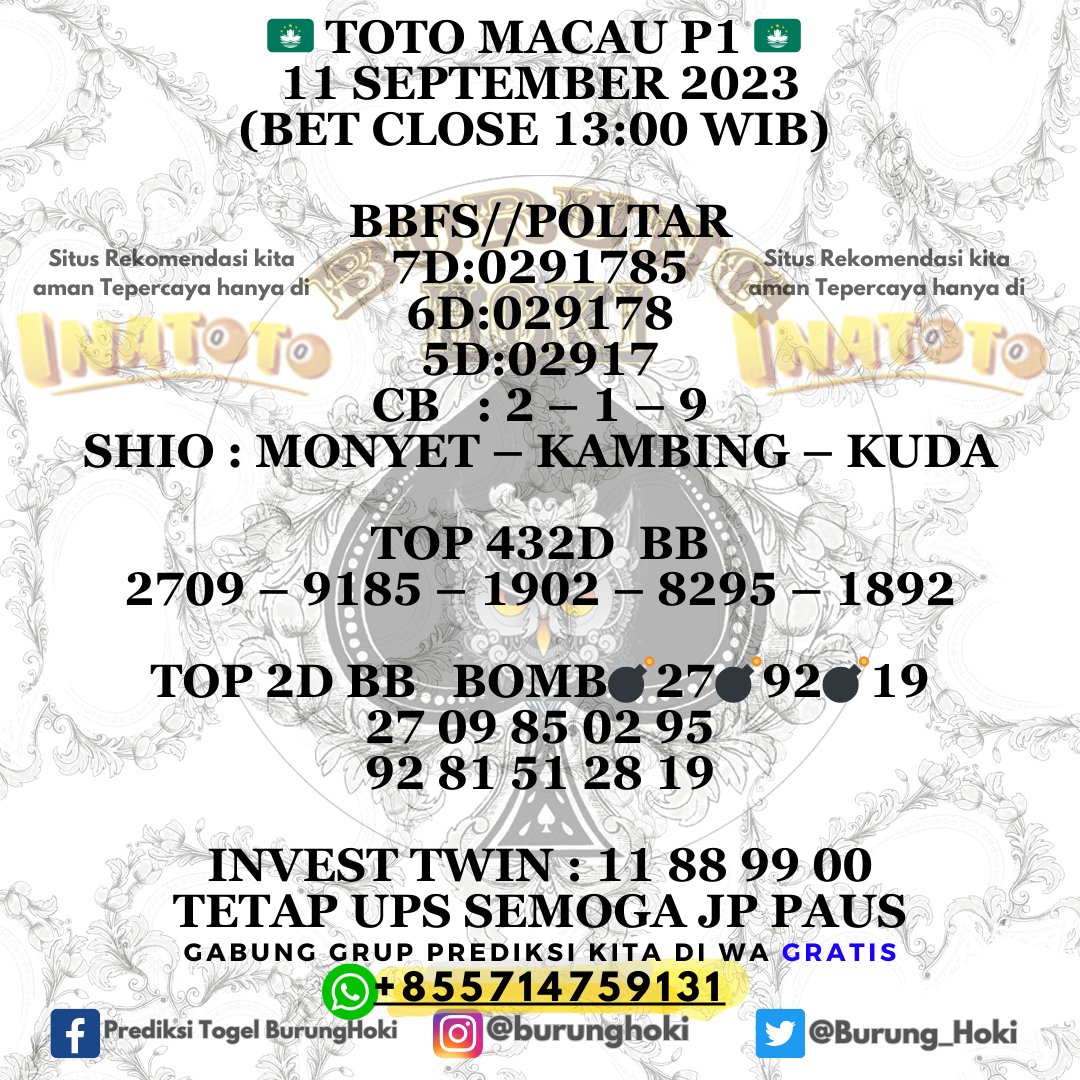 Burung_Hoki's tweet photo. Prediksi BurungHoki untuk (TOTOMACAU P1 11/09/2023)
Jadikan perbandingan Tetap Utamakan Prediksi Sendiri.
Join Group dan situs terpercaya? silakan cek profile saja ya

#togelindonesia #prediksitogel #bocorantogel #togelovers #totomacaupools #totomacau #prediksimacau #togelsdy https://t.co/K9z6ctbCzU
