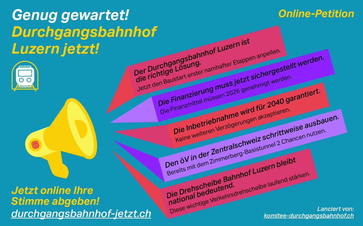 Jetzt ist genug gewartet! Jetzt Petition auf durchgangsbahnhof-jetzt.ch unterstützen. Wir fordern vom #Bundesrat, dass der #Durchgangsbahnhof Luzern so schnell als möglich realisiert wird und die Finanzierung Teil des nächsten Ausbauschritts #Botschaft2026 ist.