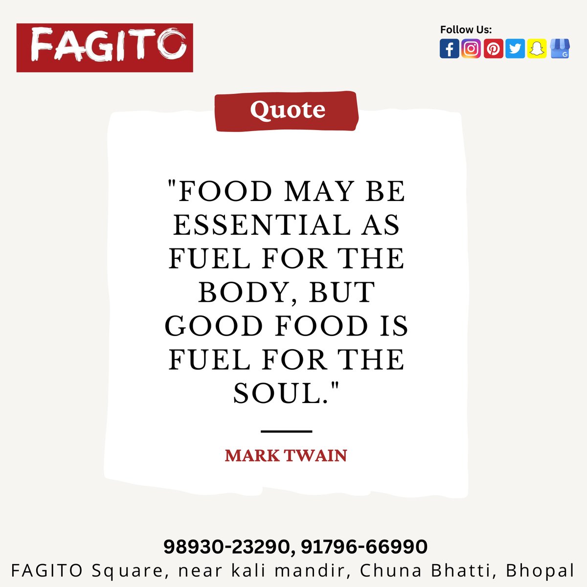 'FOOD MAY BE ESSENTIAL AS FUEL FOR THE BODY, BUT GOOD FOOD IS FUEL FOR THE SOUL.'

For table reservation
Call:- 98930-23290, 91796-66990, 0755-4200100

#foodquote #foodquotes #juliachild #food #quoteoftheday #foodie #quotes #foodquoteslove #foodporn #fagito_delivery #fagito