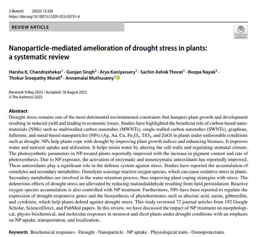 thorat_sachin95's tweet photo. We are delighted to share our recently published review article that shows insights into Nanoparticle-assisted remediation of drought stress in plants.
#3Biotech @SpringerNature
https://t.co/4L1OfxC7Iq
#nanoparticle #plant #environment #climatechange https://t.co/NGgxIIPoOx