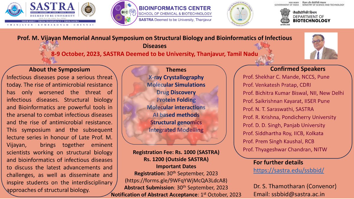 BicSastra's tweet photo. @SastraUniv invites you to the First Prof. M. Vijayan Memorial Symposium on Structural Biology &amp; Bioinformatics - kickstarting on Prof. GNR's birthday - 8th Oct. Showcase your research, foster collaborations and hear on the advances from the eminent scientists from India. https://t.co/zlwLjJ4XzK