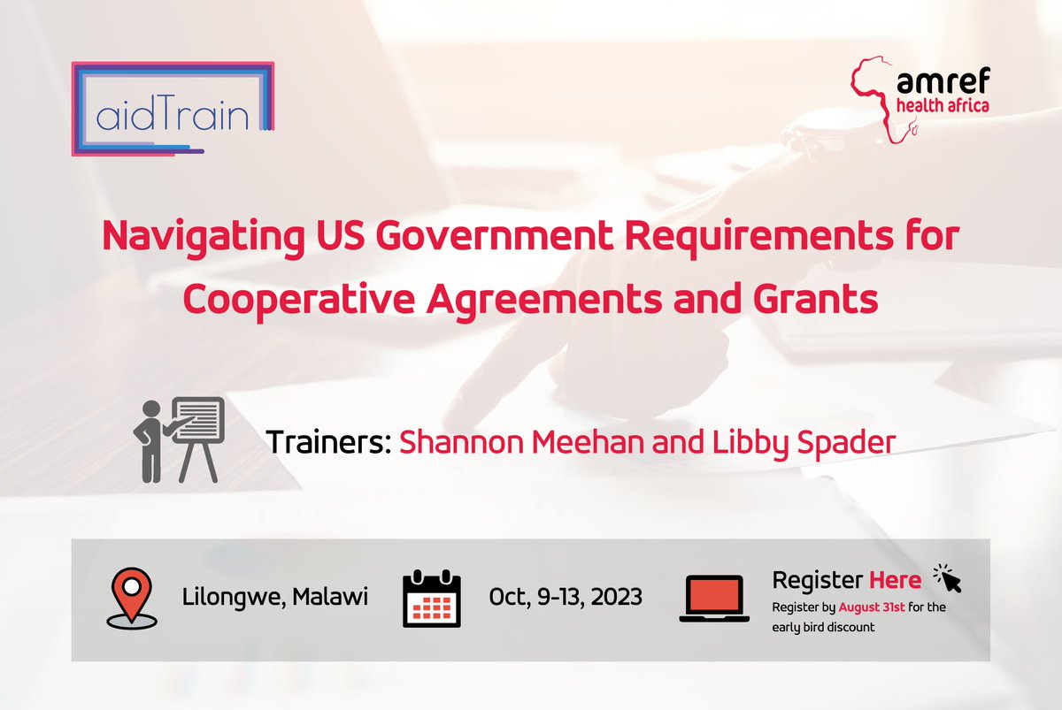 Amref_Worldwide's tweet photo. Training Alert π¨! @AmrefICD, in partnership with #aidTrain, invites participants to register and learn how to effectively navigate US Government regulations for successful federally funded programs.
Participants will learn to build confidence in day-to-day management for any USAID, CDC or State Department award through interactive, relevant, and practical examples. This course will prepare and empower participants to improve their relationships with donor agency personnel.
Register to attend >>> https://t.co/uTjySQegYO