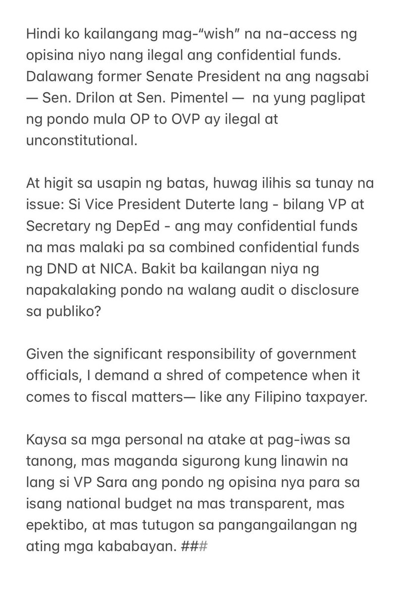 Senator Hontiveros hits back at VP Duterte, says: Trabaho lang walang drama.

“Akala ko ba the OVP can live without confidential funds? Bakit parang pinapawisan na yata kayo dyan, budget hearing pa lang? Lahat naglalabas ng proposed budget. Hindi kayo special.” 

Go! Senator