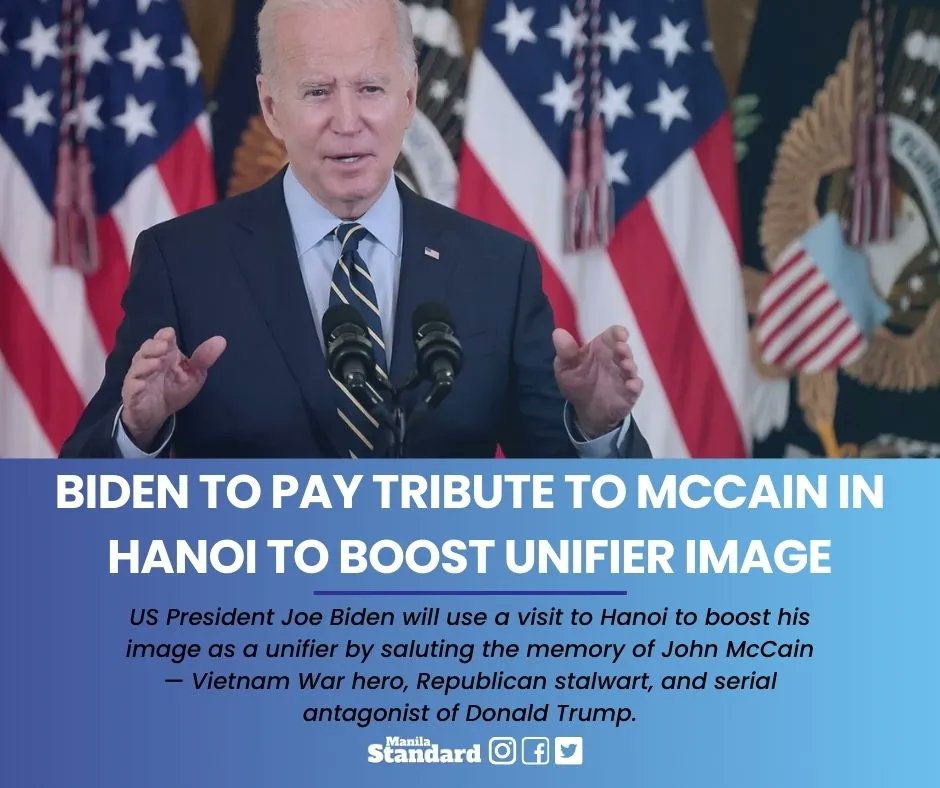 mnlstandardph's tweet photo. Biden begins a two-day visit to Vietnam on Sunday to deepen diplomatic and economic ties with the communist state in the face of growing Chinese assertiveness--

#ManilaStandard #MSWorldNews #MSNews #Vietnam #JoeBiden #Biden 

READ MORE:
https://t.co/HW0khHO51y https://t.co/7Ar5blRRZ9