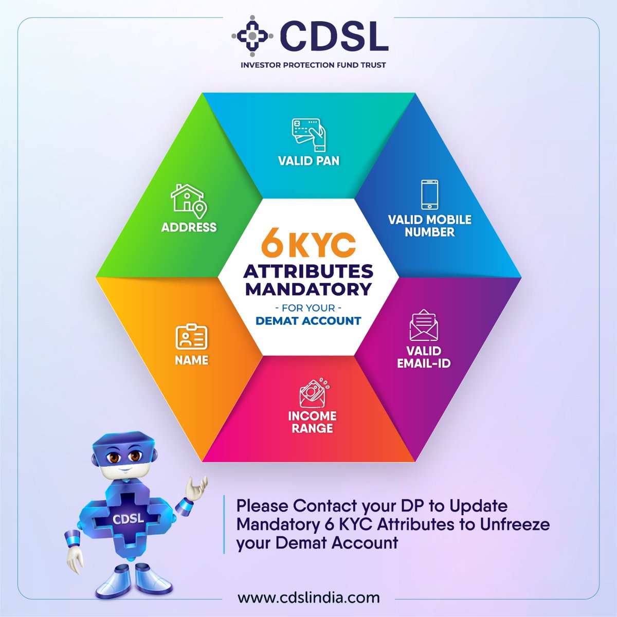 Please update mandatory 6 KYC attributes to unfreeze your demat account.

Connect with your DP for any queries.

cdslindia.com/DP/dplist.aspx
.
.
#KYC #CDSL #depositoryparticipants #demat #CDSLIndia #CDSL #mutualfunds #challengingtimes #stockmarket #stockbroker #atmanirbharInvestor
