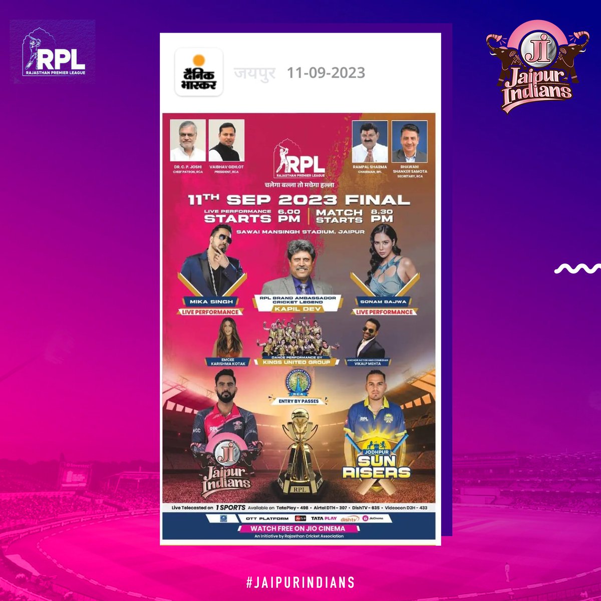 jaipurindians's tweet photo. Get ready for a sensational night! Sonam Bajwa and Mika Singh are set to ignite the stage with their electrifying live performance. 🎤🎉
.
.#sonambajwa #sonambajwahot #rajasthancricket #RajasthanPremierLeague #RPL2023 #CricketFever #TeamSpirit #Sportsmanship #RCAPresident #GoodLuckTeams #RajasthanPremierLeague #RPL2023 #RajasthanCricket #T20Fever #RCA #RajasthanCricketAssociation #Rajasthan #T20 #rajasthan