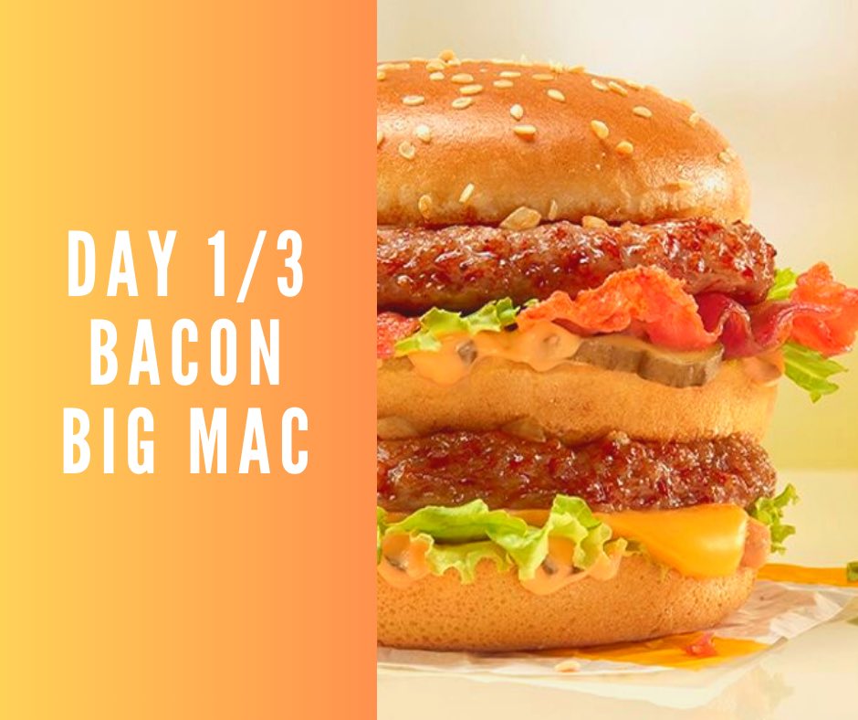 Clev3land1's tweet photo. Eccoli sono tornati i Big Mac days, tre giorni in cui si avrà la possibilità di provare il Big Mac in tutte le sue versioni ad un prezzo speciale. Iniziamo oggi con il mio preferito il Bacon Big Mac, qual è il vostro?
#mcditaliapeople #McDonalds https://t.co/IBuJAr9Vkd