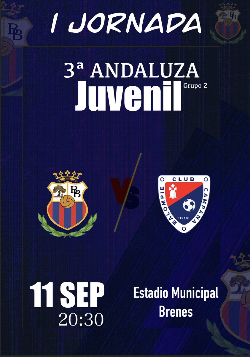 Comienza la competición para el equipo JUVENIL BRENES BALOMPIE.
HOY primer partido de la Temporada a las 20:30. 
BRENES BALOMPIÉ vs Campana Balompié.