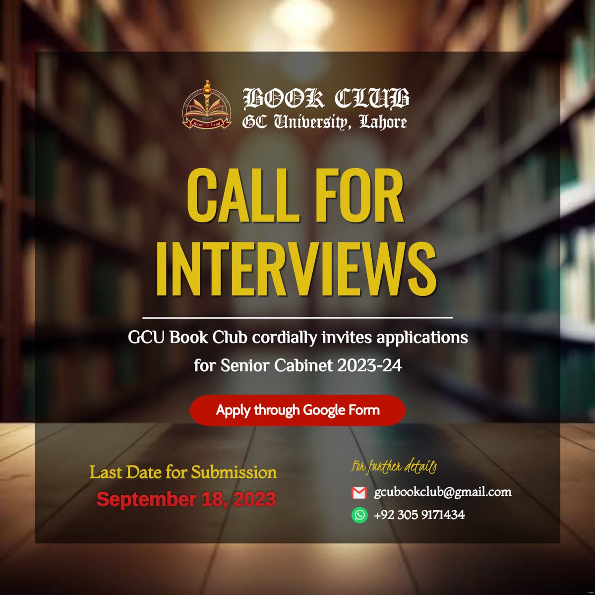 Dear Ravians!
It is informed to all of you that Applications are invited for the posts of GCU BOOK CLUB for session 2023-24.