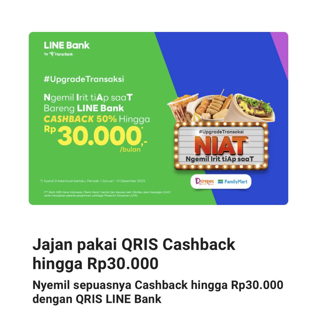 <a href="/RacunBelanja/">Racun Belanja | Info Diskon, Promo, Cashback</a> Dcrepes serba 20.000 khusus take away dine in 11-24 September 2023 &amp; lebih hemat dengan pembayaran scan QR CIMB niaga Cashbac 30% Maksimal cashback 7500 / dengan pembayaran scan QR line bank Cashbac 10.000 minimal pembelian 20.000